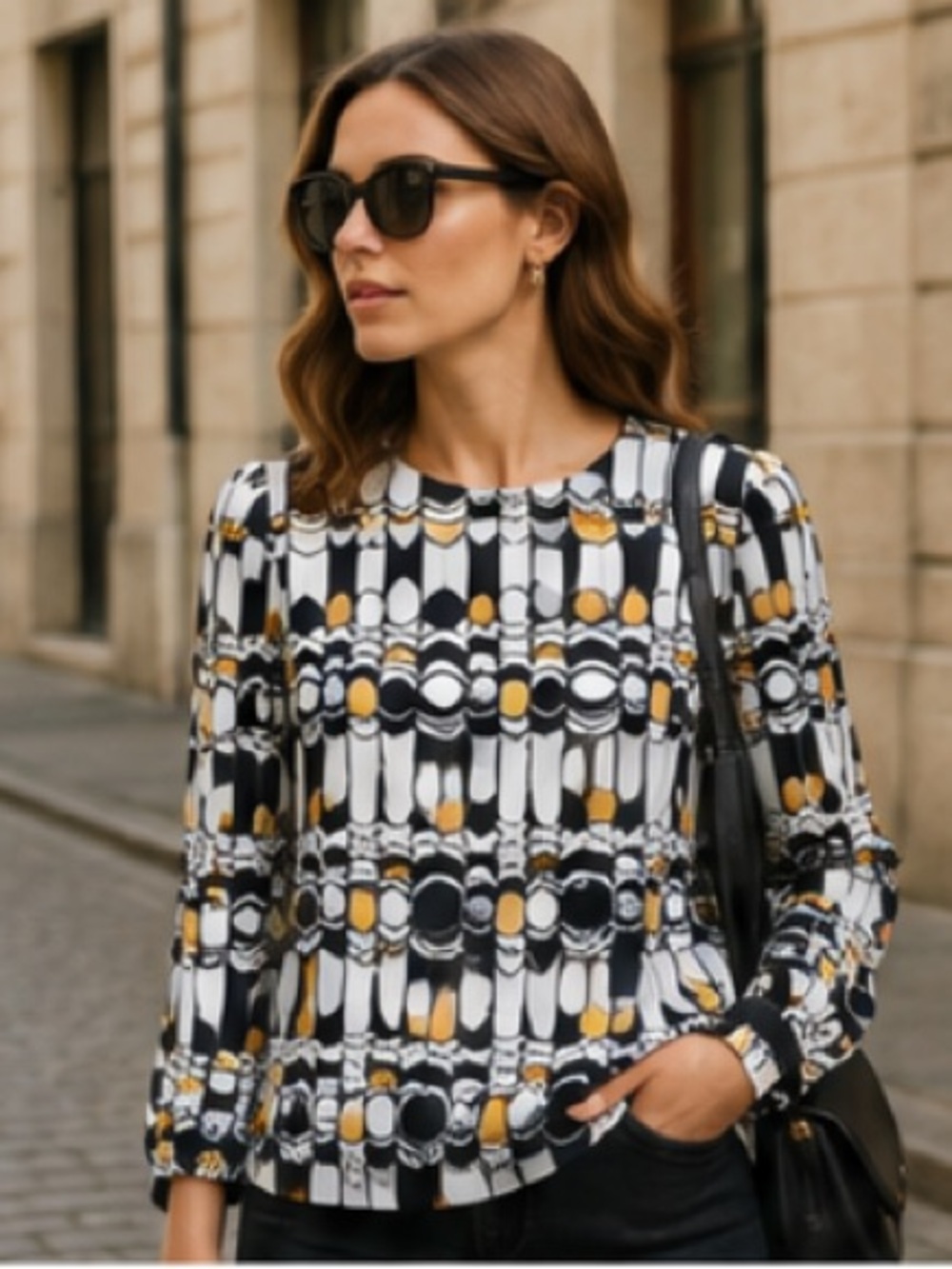 Raoul Silk Print Scallop and Dot Design Blouse